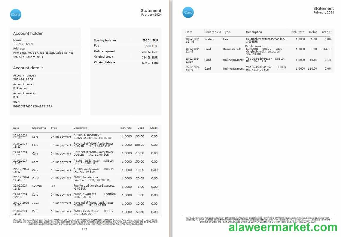 Ukraine Icard bank statement 3 - 6 months Word and PDF example, 2 pages